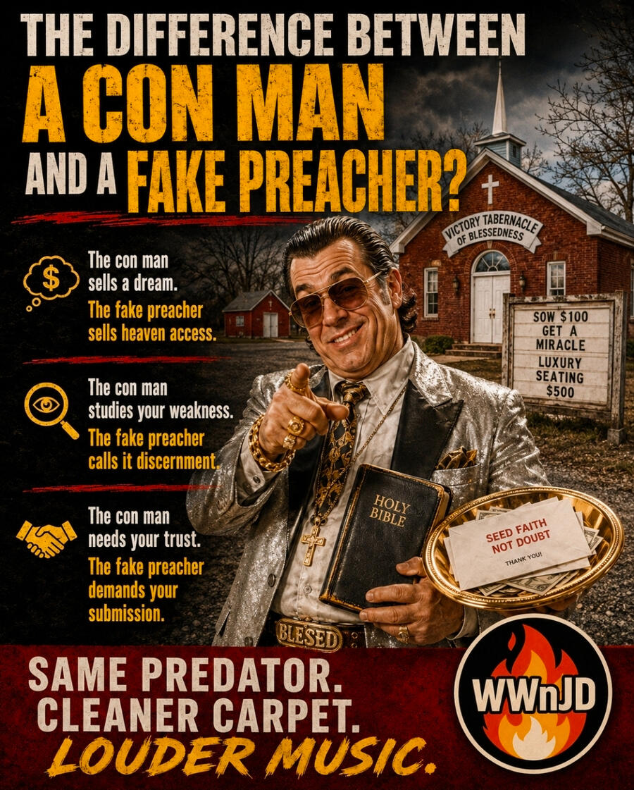 What Wouldn’t Jesus Do? Be a con man or a fake preacher. What Wouldn’t Jesus Do? Be a con man or a fake preacher.